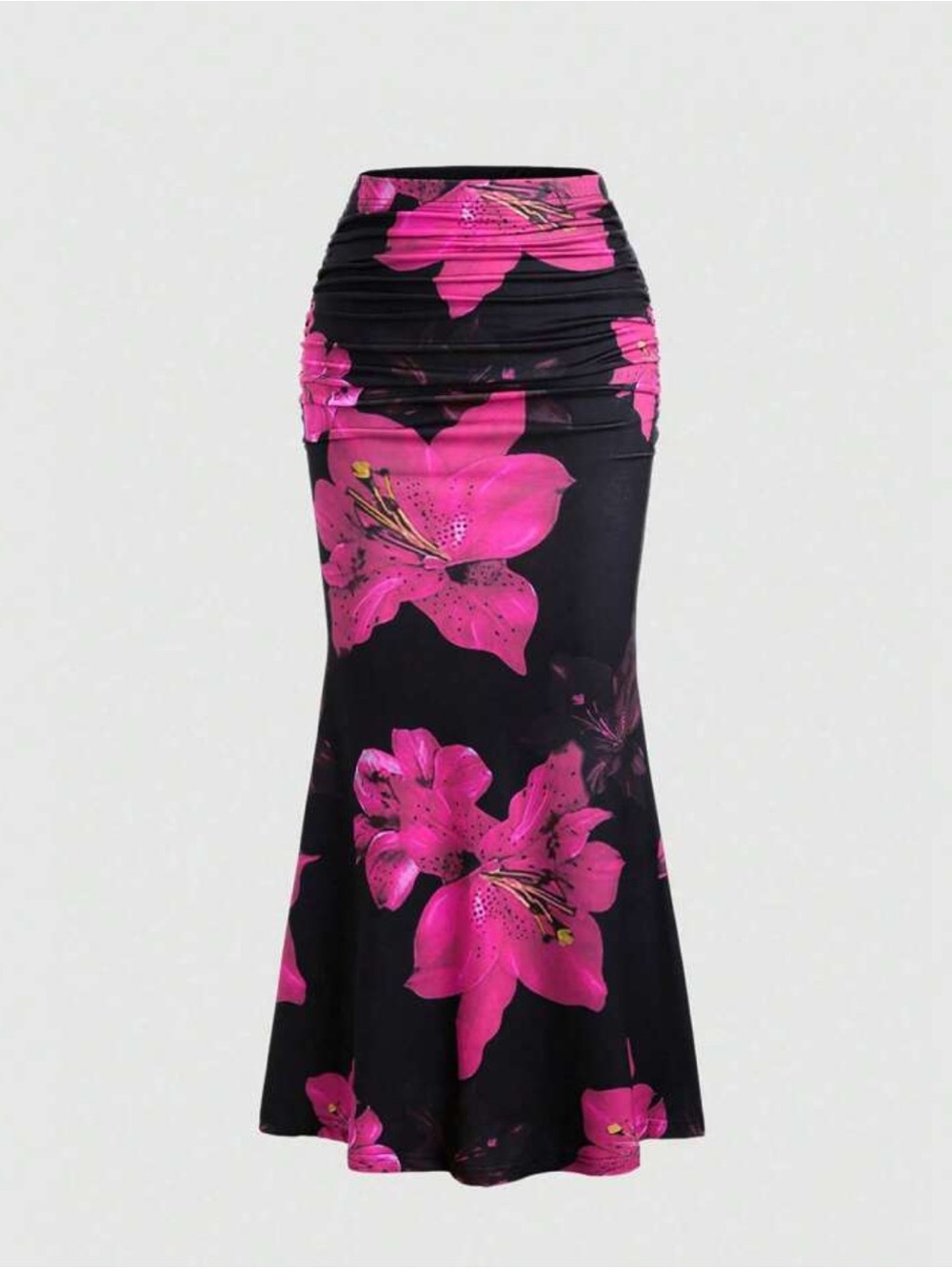 Ruched Black Maxi Skirt with Pink Floral Print